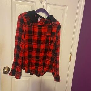 No Boundaries Red and Black Plaid Button Down Shirt